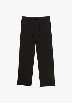 Pantalon de sport noir avec une coupe décontractée, taille élastique et cordon de serrage. Comprend des poches latérales et une texture lisse et douce.