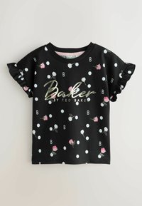 Juodas trumpas rankovėmis marškinėliai su baltais taškeliais, mažais rožiniais gėlių raštais, šoninėmis volanėlėmis ir auksiniu "Baker by Ted Baker" logotipu priekyje.