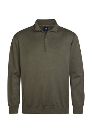 Olive green pullover with a half-zip collar, ribbed cuffs, and a smooth texture, made from lightweight knit material.