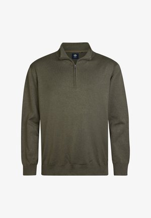 Olive green pullover with a half-zip collar, ribbed cuffs, and a smooth texture, made from lightweight knit material.