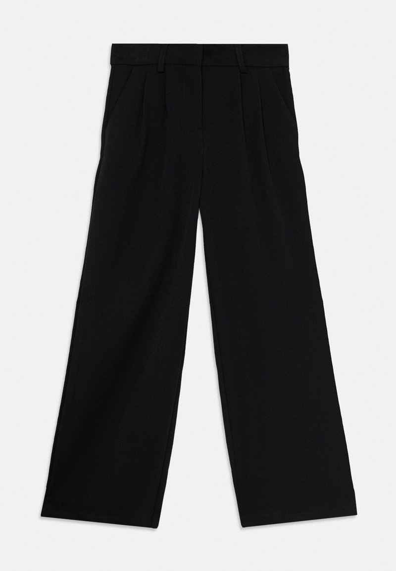 Pantalon noir à jambes larges avec passants de ceinture, plis sur le devant et poches, posé à plat sur un fond blanc.