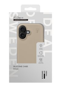 Silikoneetui til iPhone 17 i beige farve, med afrundede kanter, mat finish og MagSafe-kompatibilitet. Leveres pakket med produktdetaljer.