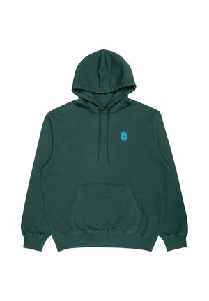 Dunkelgrüne Hoodie aus Baumwolle mit einer Kängurutasche, Kapuze mit Zugband und einem hellblauen Logo auf der Brust. Glatte Textur.