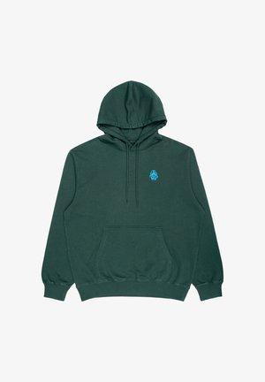 Felpa verde scuro in cotone con tasca a canguro, cappuccio con coulisse e logo blu chiaro sul petto. Texture liscia.