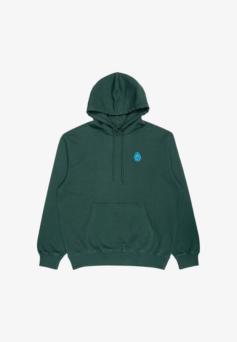 Felpa verde scuro in cotone con tasca a canguro, cappuccio con coulisse e logo blu chiaro sul petto. Texture liscia.