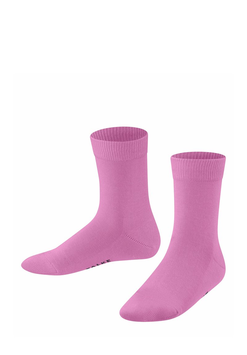 Due paia di calze rosa sono esposte. Presentano un bordo a coste e una texture liscia, mettendo in mostra un colore vivace su uno sfondo bianco.