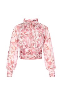 Bloemige, doorschijnende blouse met lange, opbollende mouwen en een hoge kraag. Heeft een patroon van roze en witte bloemen, met geplooide details bij de taille.