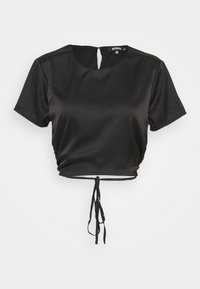 Černý zkrácený top z hladkého saténu s krátkými rukávy, kulatým výstřihem a zapínáním na tkaničku dole pro nastavitelné přizpůsobení.