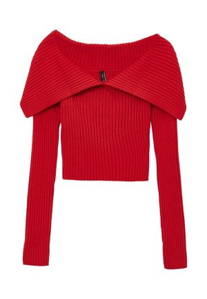 Rotes, geripptes, kurzes Sweatshirt mit einem weit geschnittenen, schulterfreien Kragen und langen Ärmeln. Das Material hat eine weiche Textur und ein tailliertes Design.