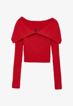 Rotes, geripptes, kurzes Sweatshirt mit einem weit geschnittenen, schulterfreien Kragen und langen Ärmeln. Das Material hat eine weiche Textur und ein tailliertes Design.