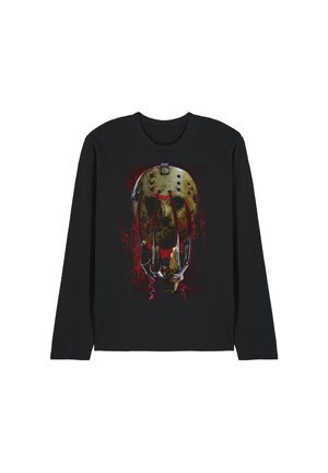 Black long-sleeve shirt with graphic of a weathered hockey mask behind sharp metal claws and splattered red background.