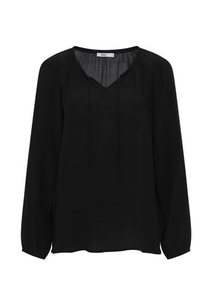 Blouse noire à manches longues avec un col en V, des détails plissés et des cordons ajustables au niveau du col ; tissu léger et lisse.