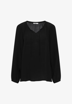 Blouse noire à manches longues avec un col en V, des détails plissés et des cordons ajustables au niveau du col ; tissu léger et lisse.