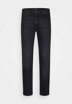 Svarta denimjeans med rak bendesign, fem fickor och märkesmidja. Tyget har en jämn textur och en subtil ådring.