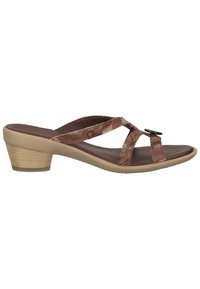 Sandale marron à petit talon, semelle beige, brides croisées et un bouton décoratif sur la bride avant.