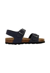 Sandalo blu navy con due cinturini regolabili a fibbia, soletta in sughero e suola esterna in gomma nera textured. Design ergonomico, apertura sul retro.