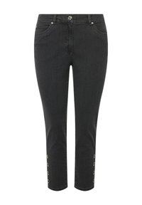 Zwarte denim cropped broek met een aansluitend design, twee voorzakken en decoratieve knoopaccenten bij de enkels.