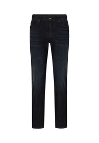 Jean en denim bleu foncé avec une coupe droite. Comprend une fermeture éclair à l'avant, un bouton, et cinq poches avec des détails de couture subtils.