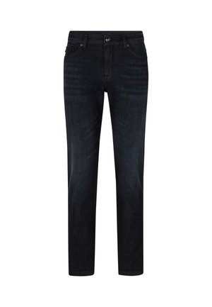 Dunkelblau gewaschene Denim-Jeans mit geradem Bein. Verfügt über einen Reißverschluss vorne, einen Knopfverschluss und fünf Taschen mit dezenten Nähdetails.