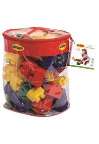 Clear plastic bag with red trim containing large colorful building blocks and a tag showing a child playing with the blocks.