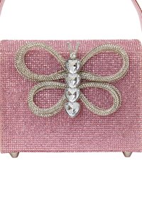 Rosa prydnads-handväska med texturerad tyg, som har en rosettdesign med silverfärgade detaljer och rhinestone i olika former.