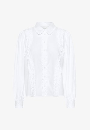 Witte button-up shirt van katoen, met geruite accenten langs de voorkant en mouwen, voorzien van een klassieke kraag en lange puffmouwen.