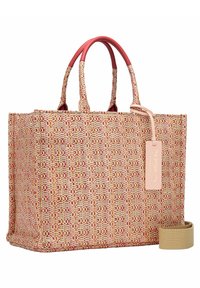 Geweven draagtas in tinten roze en beige, met stevige handvatten en een afneembare schouderband. Etikettag bevestigd aan de zijkant.