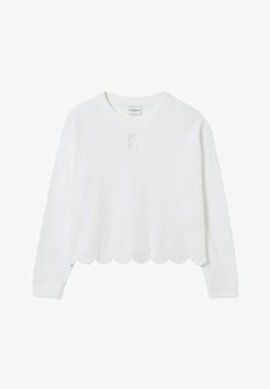 Sweat blanc cropped à manches longues avec un ourlet festonné et un logo brodé subtil centré sous l'encolure.