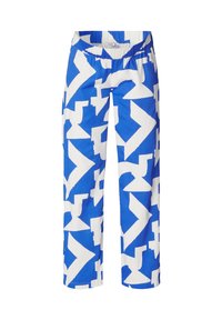Blauwe en witte gepatternde broeken met een elastische tailleband. Heeft abstracte vormen en een losse, rechte pasvorm. Gemaakt van lichtgewicht materiaal.