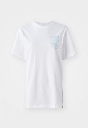 Hvit bomullst-skjorte med korte ermer, med et lysblått motiv av et palmetre og bølger på venstre brystområde.