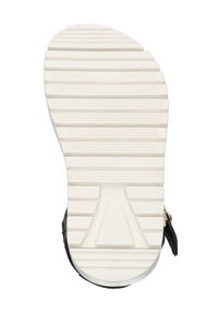 Zwarte sandaalzool met gestructureerd wit rubber voor grip, met horizontale en verticale groeven, en een afgeronde teen.