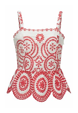Top blanco sin mangas con bordado floral circular rojo y dobladillo y escote festoneados, con finas tiras en los hombros.