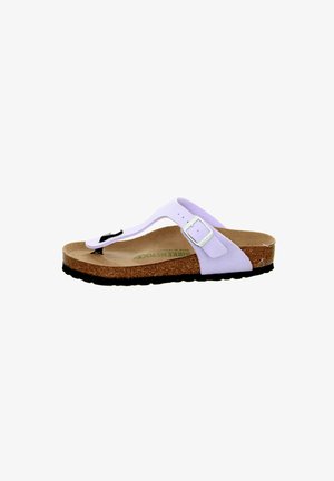 Light purple thong sandal with a black adjustable buckle, cork footbed, and textured rubber outsole. Designed for comfort and durability.
