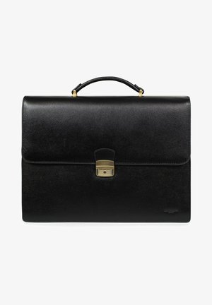 Czarna skórzana teczka o strukturalnym wykończeniu, z górnym uchwytem i zapięciem w kolorze złotym, zapewniającym bezpieczne zamknięcie.