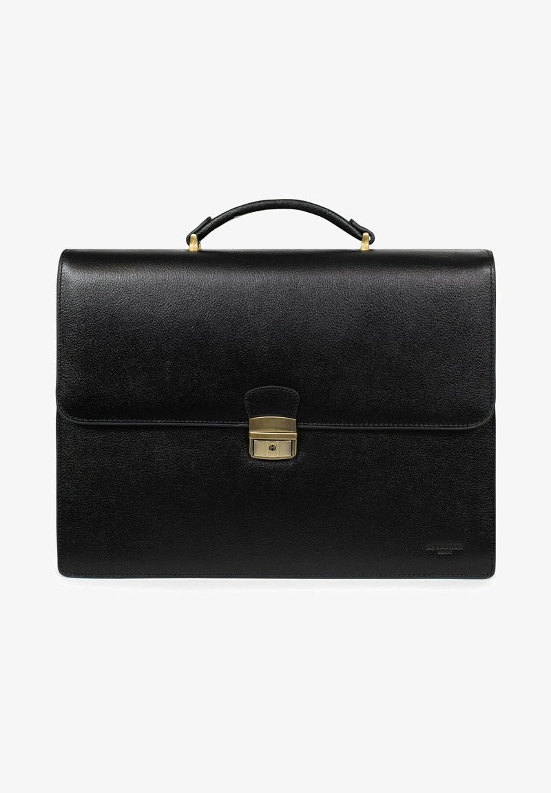 Valigetta in pelle nera con una finitura texturizzata, dotata di manico superiore e chiusura a gancio in tonalità dorata per una serratura sicura.