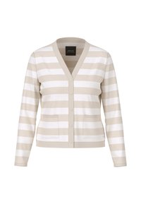 Beige-weißer gestreifter Cardigan mit V-Ausschnitt, Knopfleiste, langen Ärmeln und zwei vorderen Taschen. Sanfte Textur und lässiges Design.