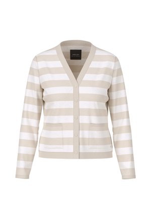 Beige-weißer gestreifter Cardigan mit V-Ausschnitt, Knopfleiste, langen Ärmeln und zwei vorderen Taschen. Sanfte Textur und lässiges Design.