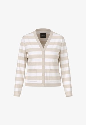 Beige-weißer gestreifter Cardigan mit V-Ausschnitt, Knopfleiste, langen Ärmeln und zwei vorderen Taschen. Sanfte Textur und lässiges Design.