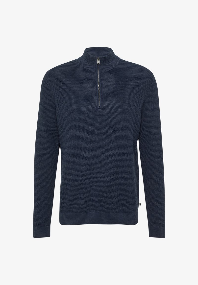Námorní zipový svetr vyrobený z texturované pleteniny, s dlouhými rukávy, stojáčkovým límcem a celoplošným rysem v podobě zigzagového vzoru.