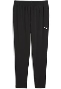Zwarte sportbroek van glad, rekbaar materiaal, met een elastische tailleband en een klein wit Puma-logo op de linker bovenbeen.