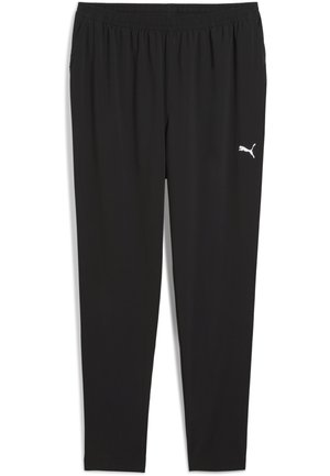 Zwarte sportbroek van glad, rekbaar materiaal, met een elastische tailleband en een klein wit Puma-logo op de linker bovenbeen.