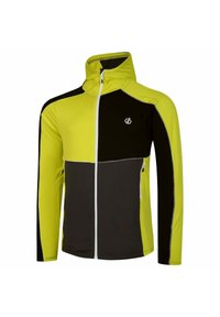 Hochsichtbare Jacke in leuchtendem Gelb und Schwarz, mit vollem Reißverschluss, Kapuze und kontrastierendem Farbblockdesign. Verfügt über zwei Seitentaschen.