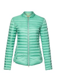 Mint green puffy jacket with a stand collar, horizontal quilted design, zippered front, and side pockets. Smooth, lightweight material.