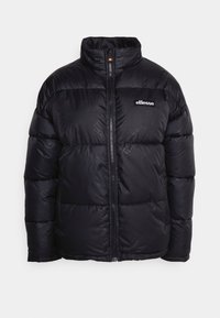 Black padded puffer jacket with high collar, front zipper, and embossed logo detail. Made from smooth, shiny fabric with a quilted design.