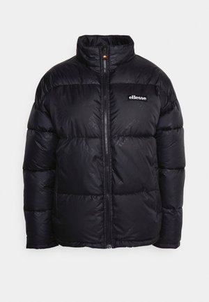 Must eriline paks puffer-jakk kõrge kraega, ees lukuga ja reljeefse logoga detailiga. Valmistatud siledast, läikivast kangast, millel on tikandiga muster.