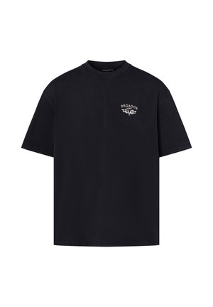 Black cotton t-shirt featuring a round neckline, short sleeves, and a small white graphic print on the left chest.