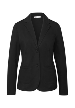 Schwarze Blazer aus glattem Stoff, mit Reverskragen, zwei Vorderseiten-Taschen und einer Zwei-Knopf-Verschluss.