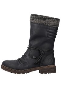 Botte en cuir noire montante avec un revers en tricot gris. Comprend un bout rond, une surface texturée, un laçage ajustable et une semelle en cuir résistante marron.