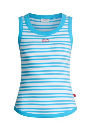 Mouwloos geribd tanktop met horizontale witte en lichtblauwe strepen, blauwe rand en klein rood "JOOP! JEANS"-logo op de borst.