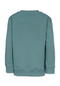 Teal sweatshirt with a round neckline, ribbed cuffs, and hem. Soft fabric with a smooth texture. Features a simple, solid color design.